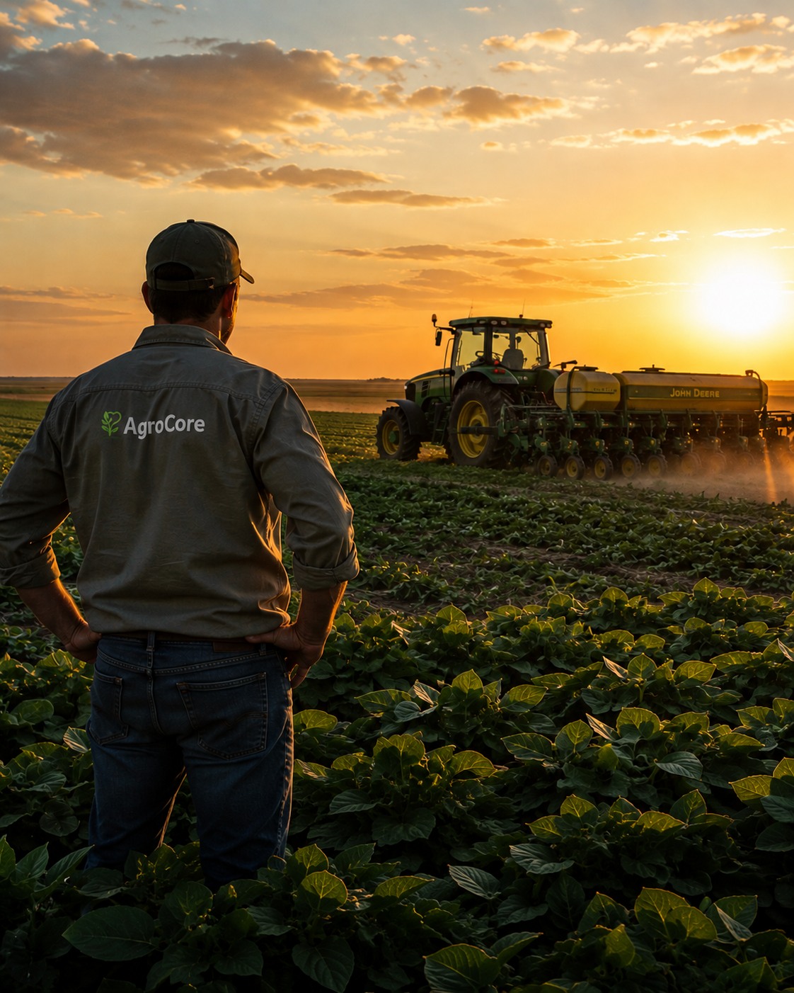 Productor argentino en un lote agrícola al atardecer