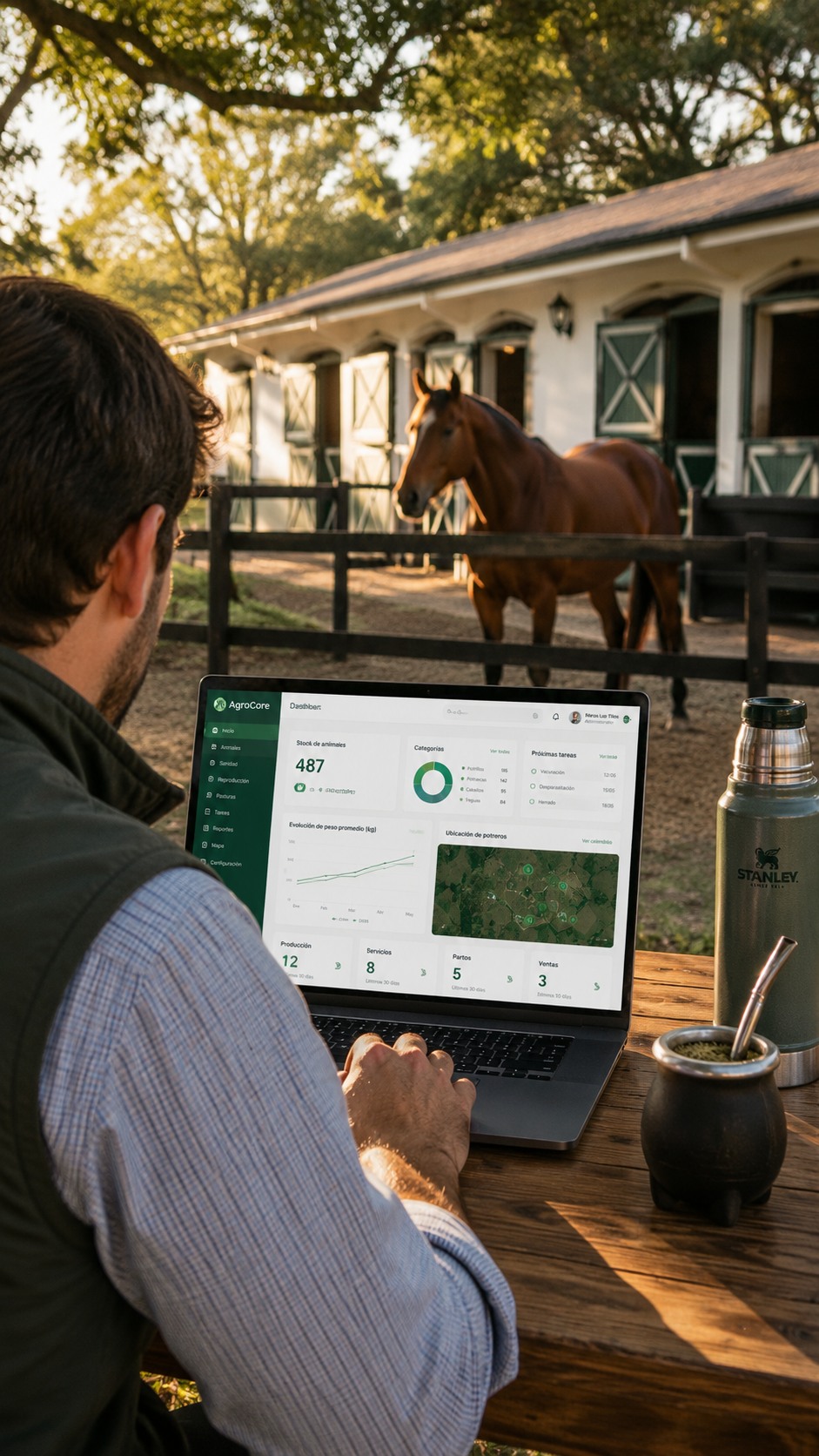 Productor trabajando junto a caballos en un haras