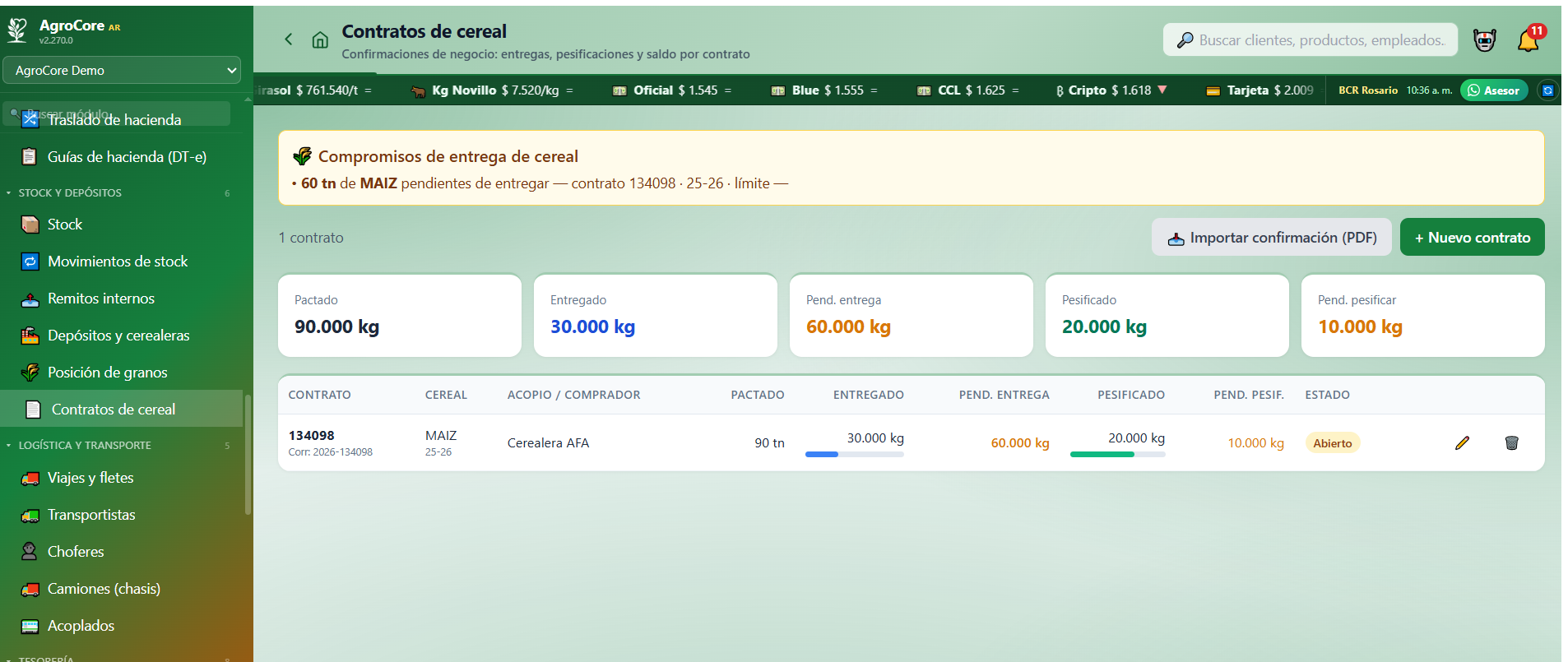 Contratos de cereal de AgroCore