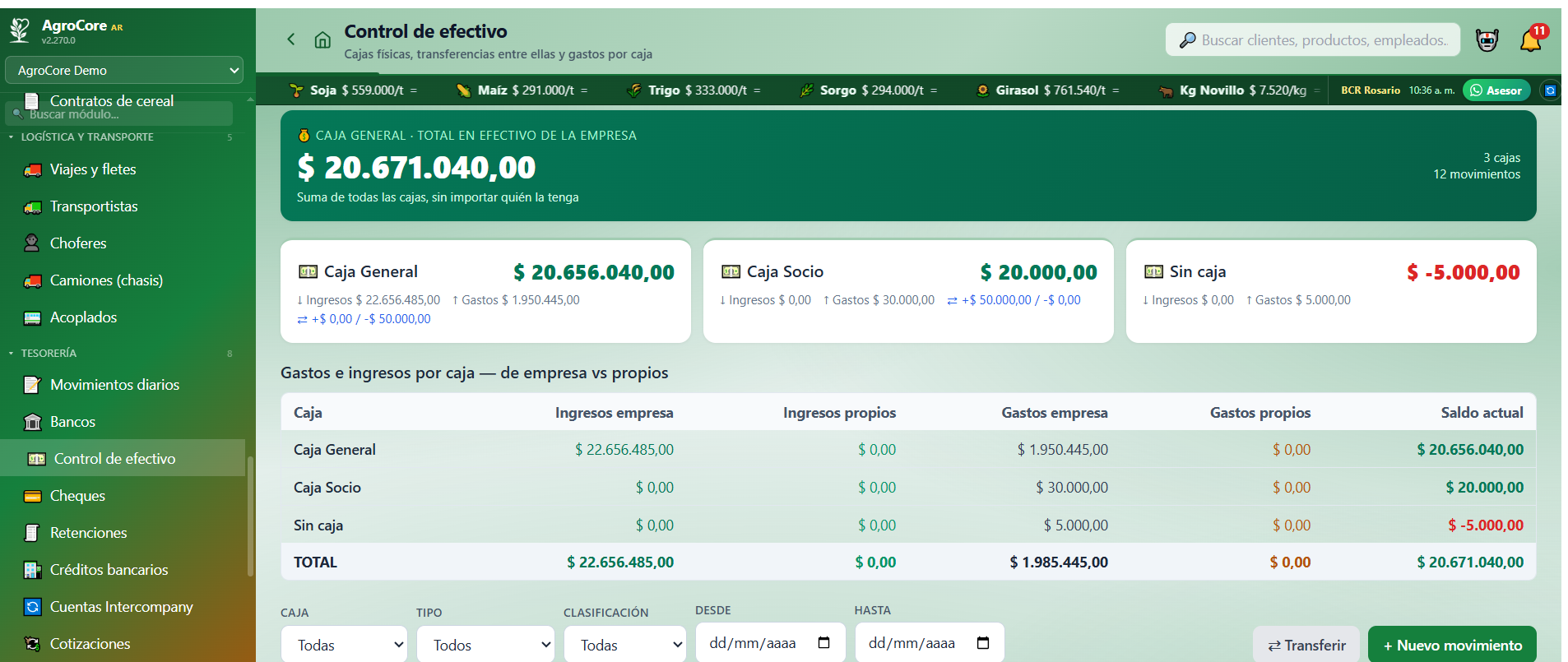 Control de efectivo en AgroCore