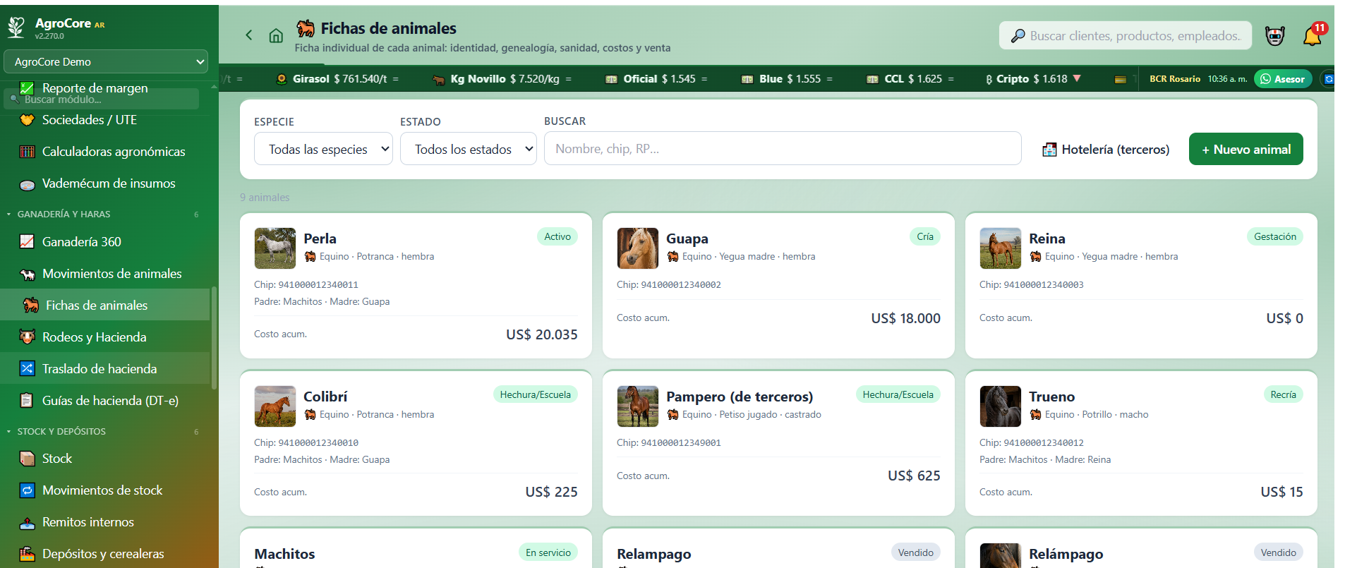Fichas de animales en AgroCore